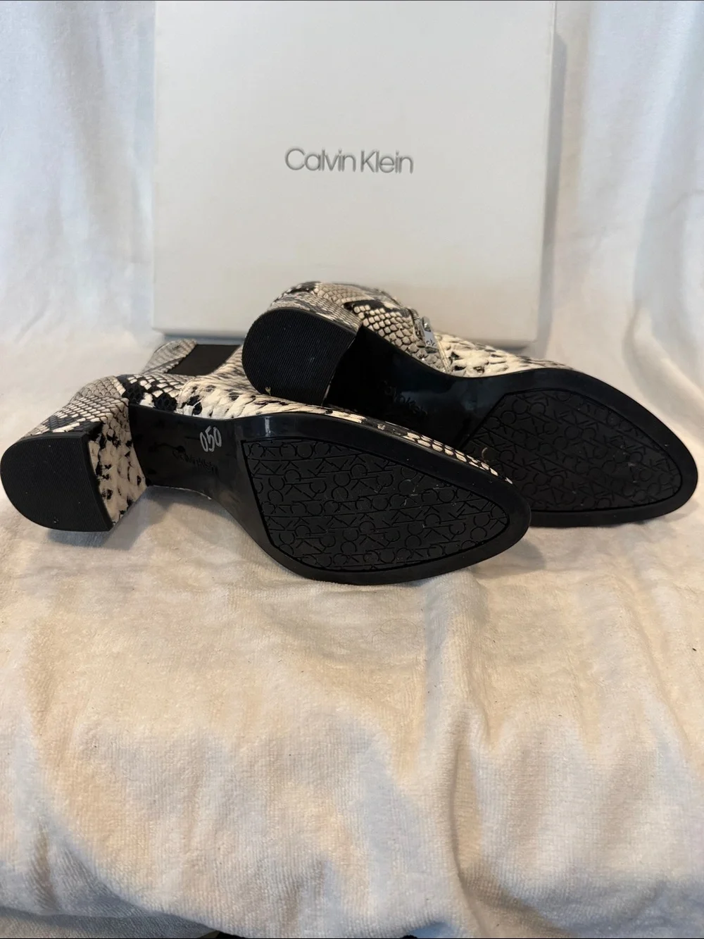 Calvin Klein Black & White Snake-Print Ankle Booties
